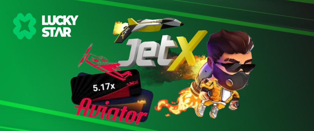 Lucky Star JetX and Aviator games promotional banner featuring animated character and game icons