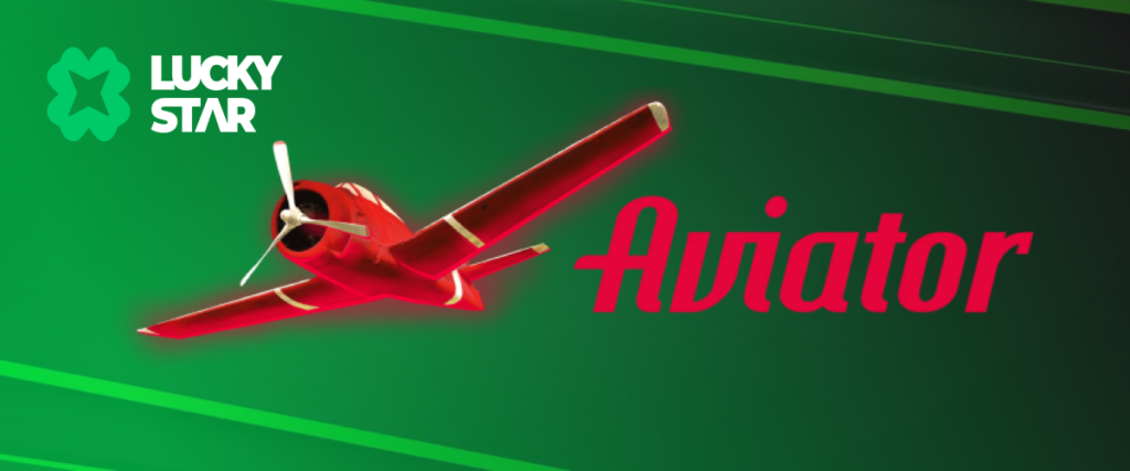 Red airplane in flight promoting the Lucky Star Aviator game on a green background