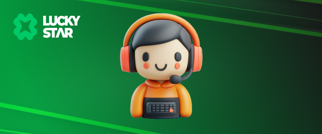 Cute customer support icon with headset and keyboard on green background for LuckyStar Casino.